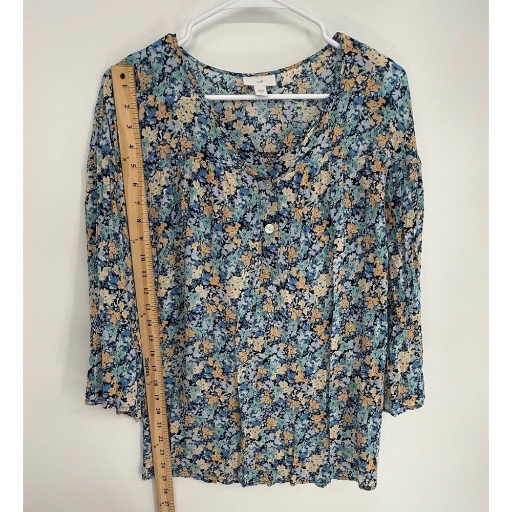 J Jill Shirt Women's Small Blue Floral Peasant Festival Boho Cottagecore Silky - Picture 3 of 6